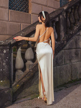 Draped Split Thigh Satin Backless Maxi Dress